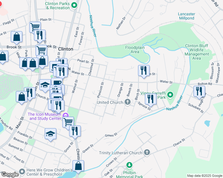 map of restaurants, bars, coffee shops, grocery stores, and more near 132 Cedar Street in Clinton