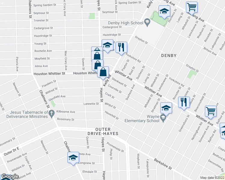 map of restaurants, bars, coffee shops, grocery stores, and more near 11220 Craft Street in Detroit