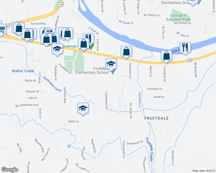map of restaurants, bars, coffee shops, grocery stores, and more near 1340 Fruitdale Drive in Grants Pass