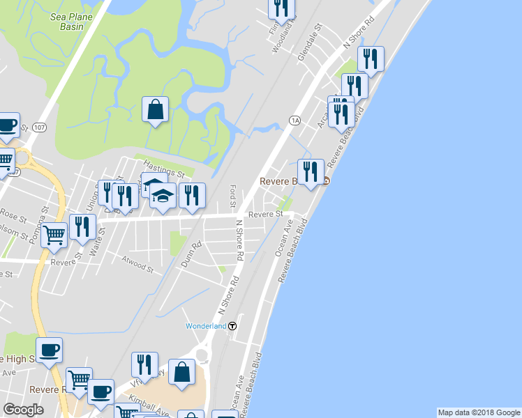 map of restaurants, bars, coffee shops, grocery stores, and more near 6 Bay Road in Revere