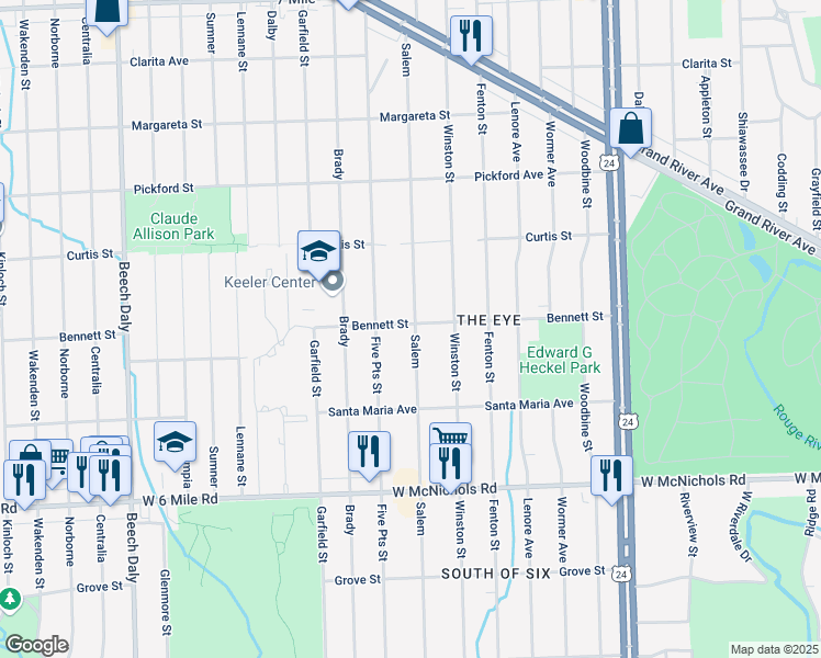 map of restaurants, bars, coffee shops, grocery stores, and more near 17435 Salem in Detroit