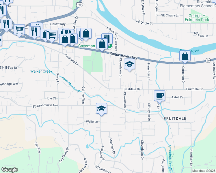 map of restaurants, bars, coffee shops, grocery stores, and more near 1261 Fruitdale Drive in Grants Pass