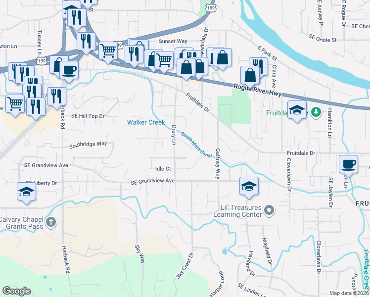 map of restaurants, bars, coffee shops, grocery stores, and more near 906 Jody Lane in Grants Pass