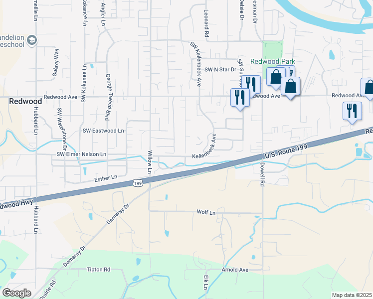 map of restaurants, bars, coffee shops, grocery stores, and more near 1735 Medart Lane in Grants Pass