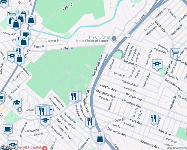 map of restaurants, bars, coffee shops, grocery stores, and more near 233 Washington Avenue in Revere