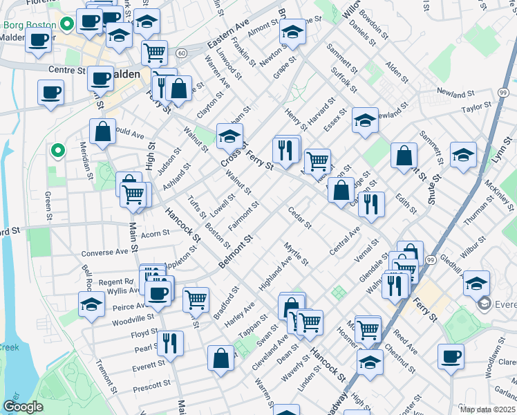 map of restaurants, bars, coffee shops, grocery stores, and more near 45 Fairmont Street in Malden