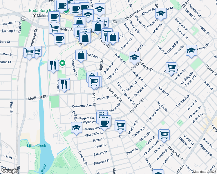 map of restaurants, bars, coffee shops, grocery stores, and more near 25 Narrow Court in Malden