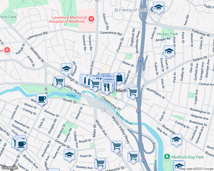 map of restaurants, bars, coffee shops, grocery stores, and more near in Medford