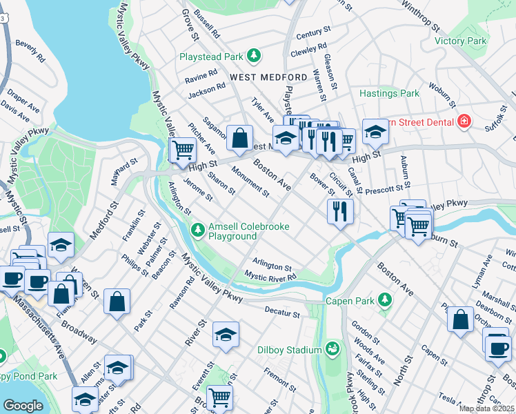 map of restaurants, bars, coffee shops, grocery stores, and more near 90 Sharon Street in Medford