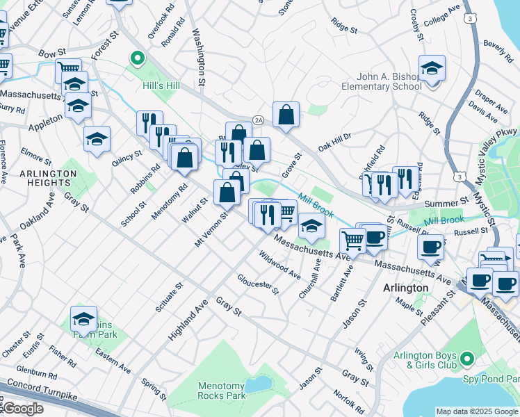 map of restaurants, bars, coffee shops, grocery stores, and more near 935 Massachusetts Avenue in Arlington