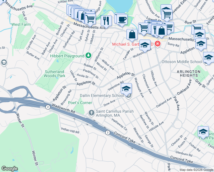 map of restaurants, bars, coffee shops, grocery stores, and more near 6 Virginia Road in Arlington