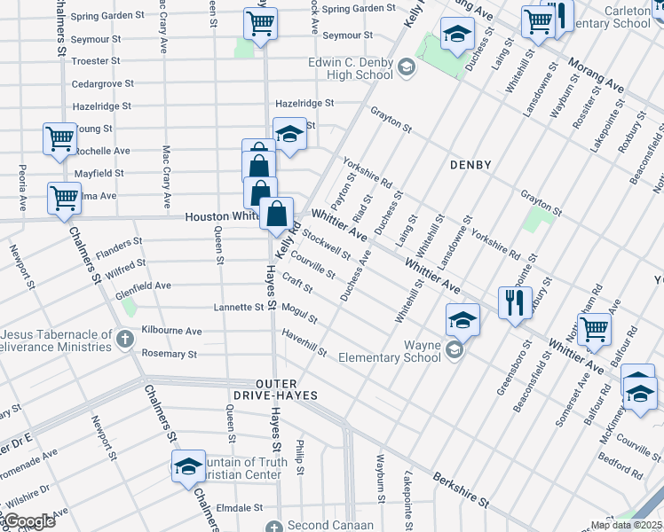 map of restaurants, bars, coffee shops, grocery stores, and more near 11241 Courville Street in Detroit
