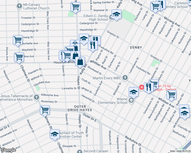 map of restaurants, bars, coffee shops, grocery stores, and more near 11241 Courville Street in Detroit