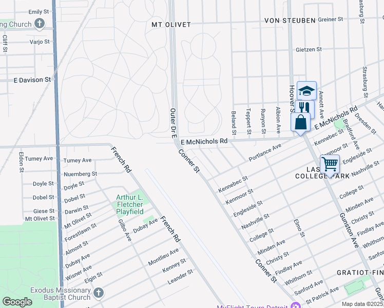 map of restaurants, bars, coffee shops, grocery stores, and more near 13001-13155 Conner Street in Detroit