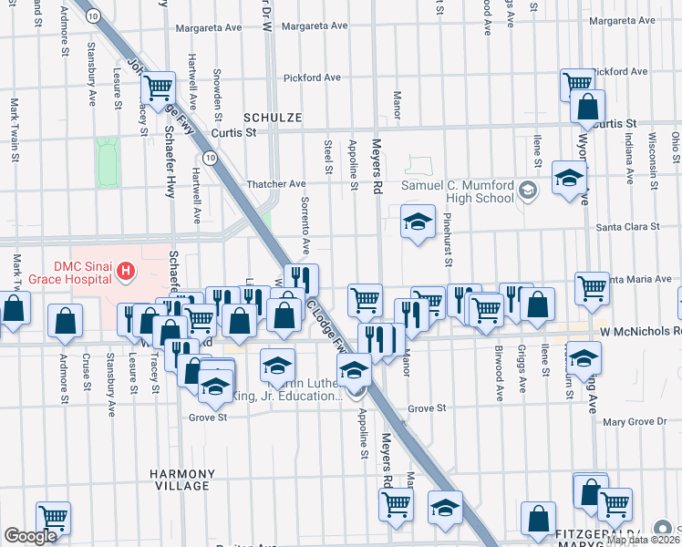 map of restaurants, bars, coffee shops, grocery stores, and more near 17234 Steel Street in Detroit