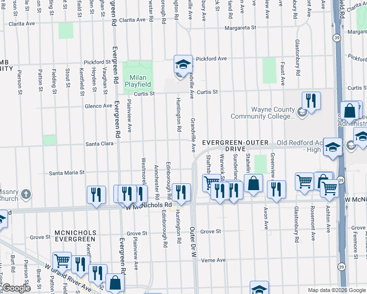 map of restaurants, bars, coffee shops, grocery stores, and more near 17365 Grandville Avenue in Detroit