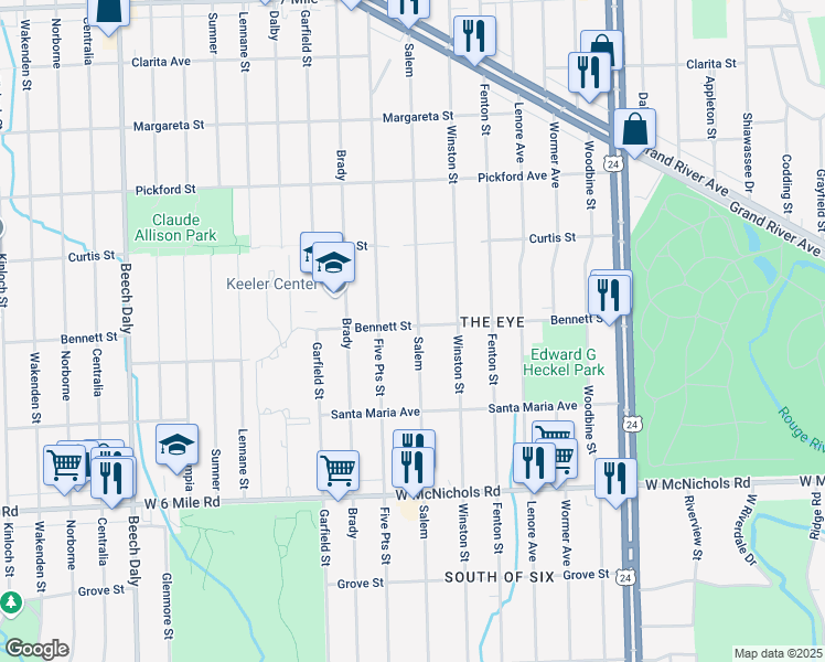 map of restaurants, bars, coffee shops, grocery stores, and more near 17435 Salem in Detroit