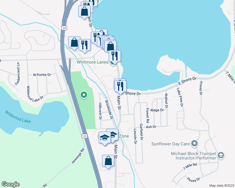 map of restaurants, bars, coffee shops, grocery stores, and more near 9215 Main Street in Whitmore Lake