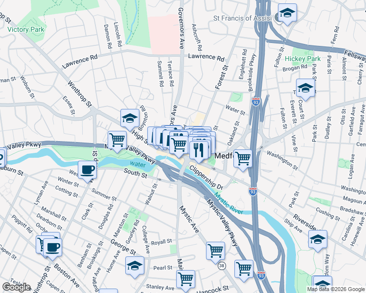 map of restaurants, bars, coffee shops, grocery stores, and more near 13 Bradlee Road in Medford