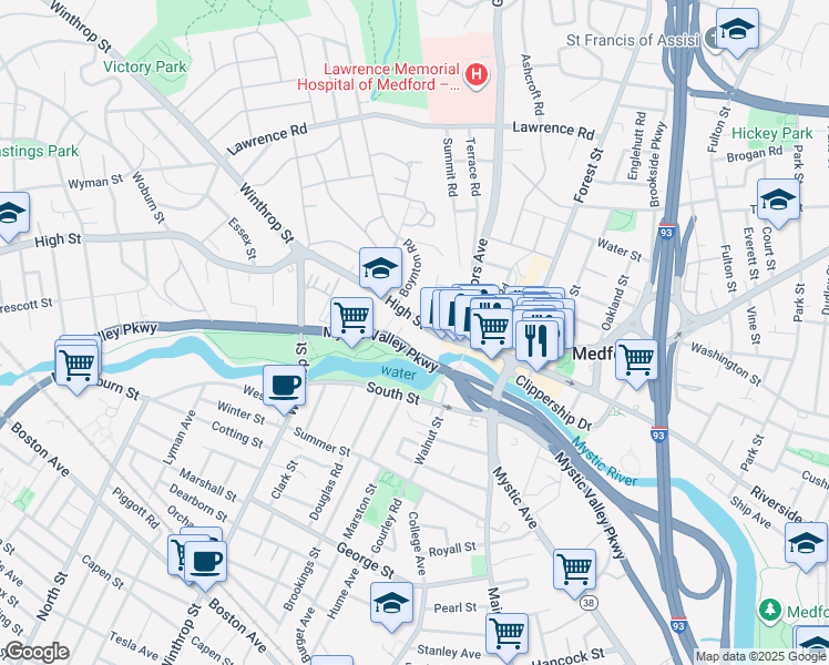 map of restaurants, bars, coffee shops, grocery stores, and more near in Medford