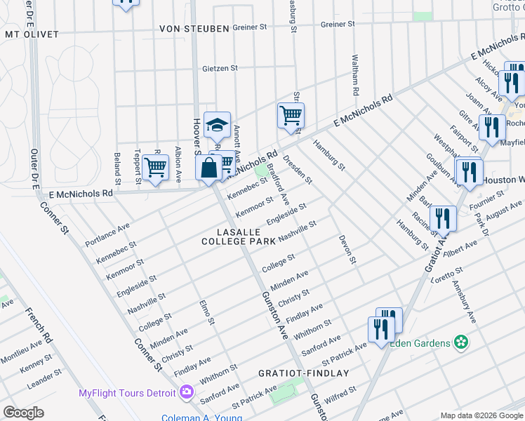 map of restaurants, bars, coffee shops, grocery stores, and more near 11798 Kenmoor Street in Detroit