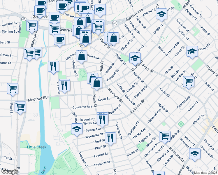 map of restaurants, bars, coffee shops, grocery stores, and more near 4 Hancock Street in Malden