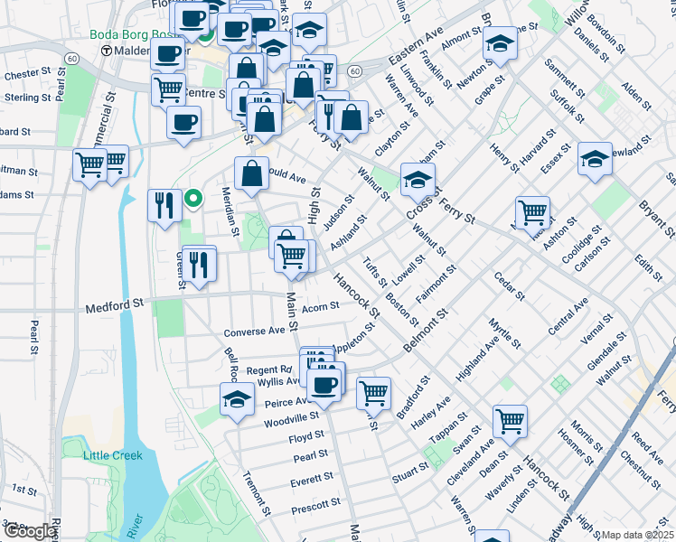 map of restaurants, bars, coffee shops, grocery stores, and more near 25 Narrow Court in Malden