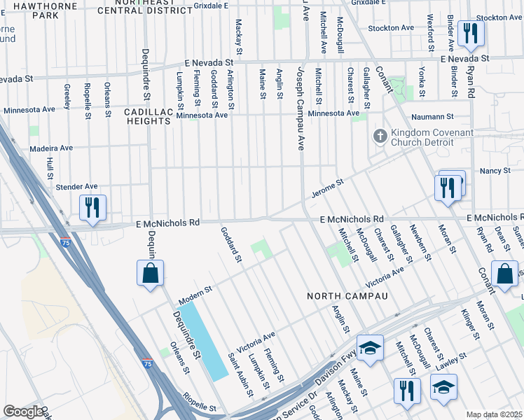 map of restaurants, bars, coffee shops, grocery stores, and more near 2523 East McNichols Road in Detroit