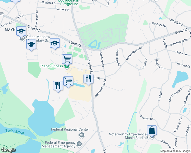 map of restaurants, bars, coffee shops, grocery stores, and more near 129 Parker Street in Maynard