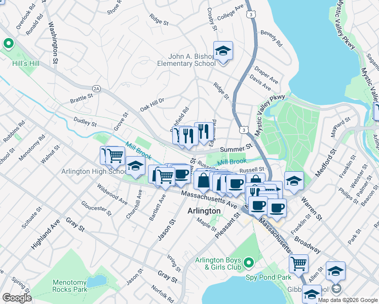 map of restaurants, bars, coffee shops, grocery stores, and more near 89 Summer Street in Arlington