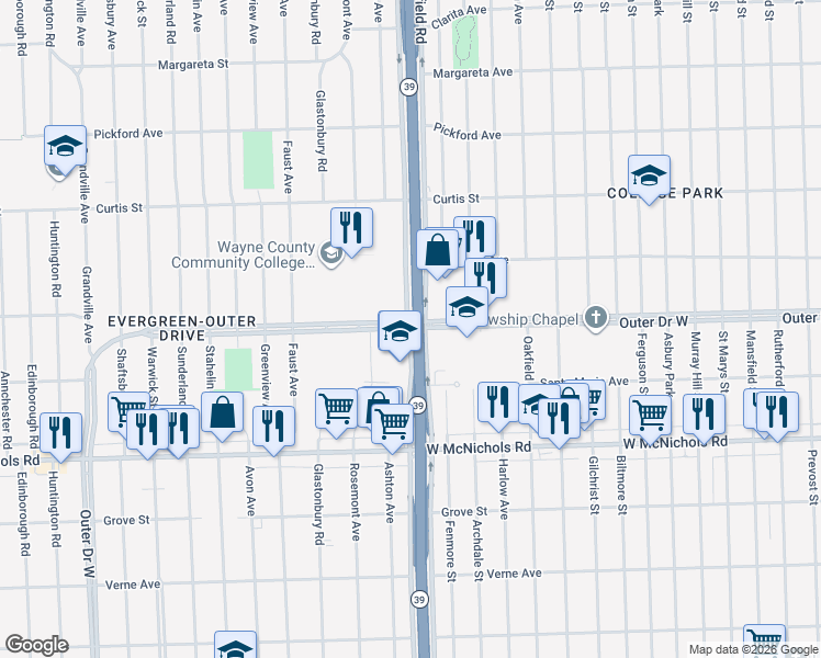 map of restaurants, bars, coffee shops, grocery stores, and more near Southfield Rd & W Outer Dr in Detroit