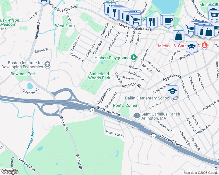 map of restaurants, bars, coffee shops, grocery stores, and more near 472 Appleton Street in Arlington