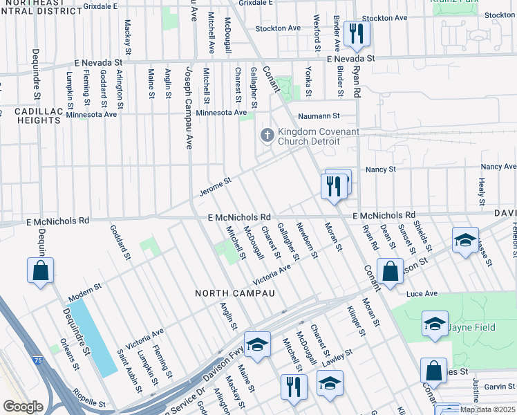 map of restaurants, bars, coffee shops, grocery stores, and more near 13975 Charest Street in Hamtramck