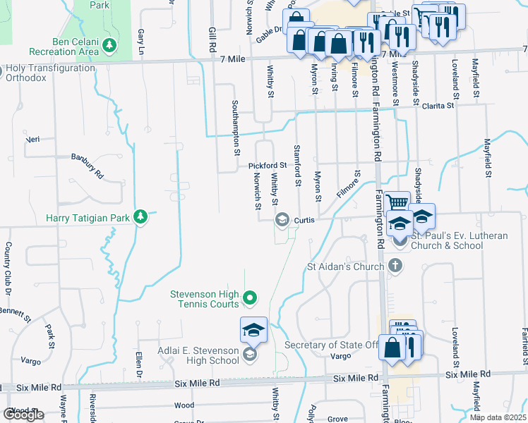 map of restaurants, bars, coffee shops, grocery stores, and more near 18217 Norwich Road in Livonia