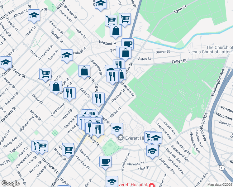 map of restaurants, bars, coffee shops, grocery stores, and more near 22 Thurman Street in Everett