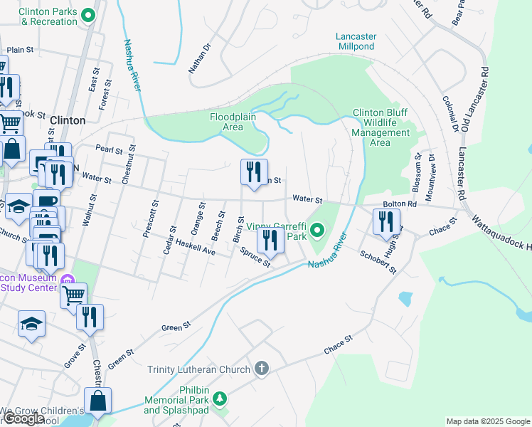 map of restaurants, bars, coffee shops, grocery stores, and more near 46 Larch Street in Clinton