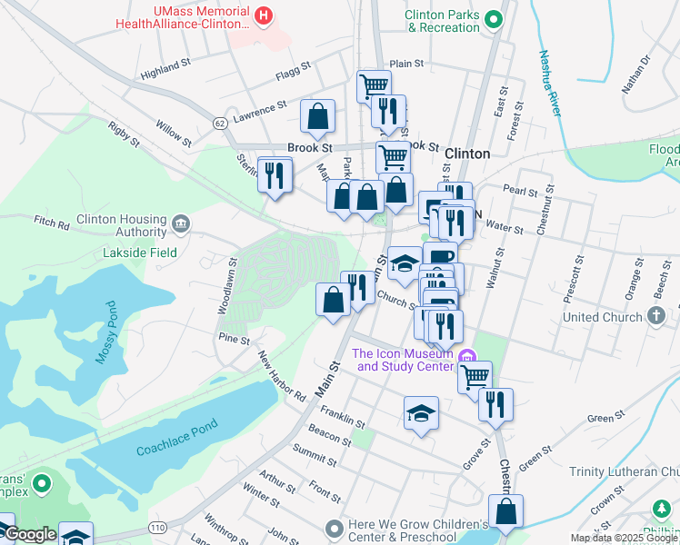 map of restaurants, bars, coffee shops, grocery stores, and more near 28A Sterling Street in Clinton
