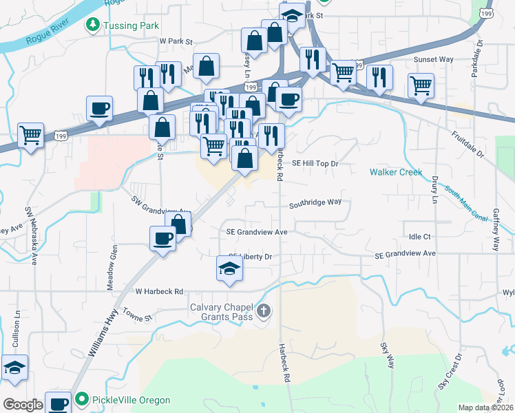 map of restaurants, bars, coffee shops, grocery stores, and more near 208 Southeast Yorktown Road in Grants Pass