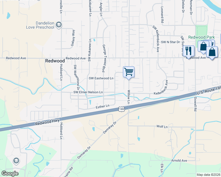 map of restaurants, bars, coffee shops, grocery stores, and more near 2713 Southwest Elmer Nelson Lane in Grants Pass