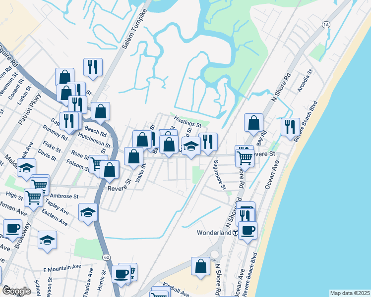 map of restaurants, bars, coffee shops, grocery stores, and more near 371 Revere Street in Revere