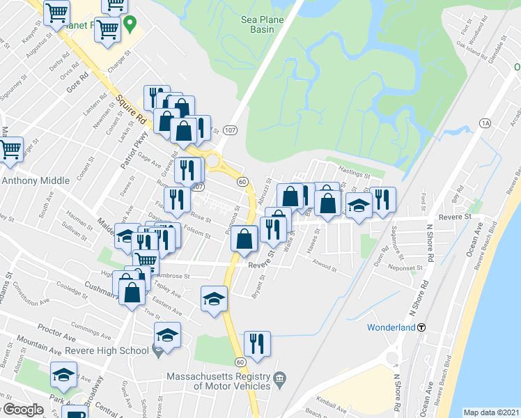 map of restaurants, bars, coffee shops, grocery stores, and more near 250 Revere Street in Revere
