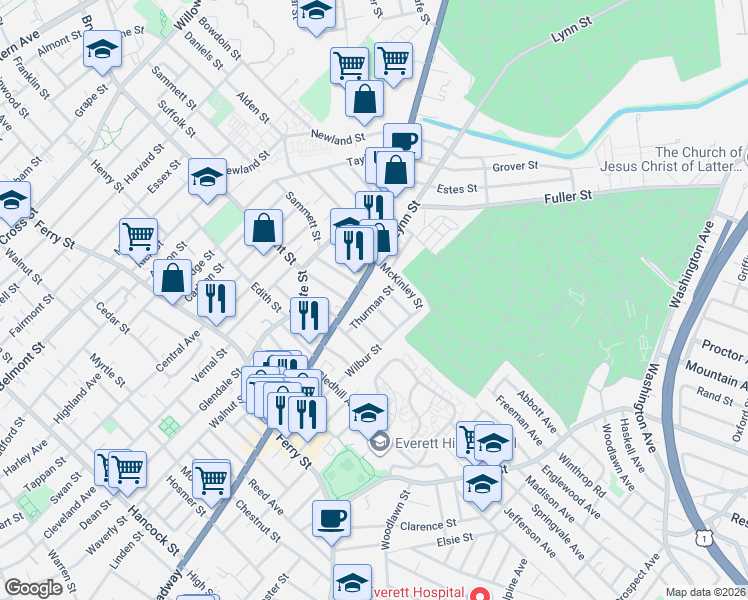 map of restaurants, bars, coffee shops, grocery stores, and more near 22 Thurman Street in Everett
