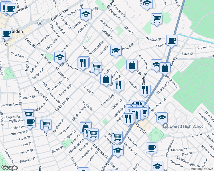 map of restaurants, bars, coffee shops, grocery stores, and more near 484 Ferry Street in Everett