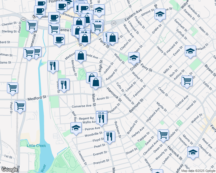 map of restaurants, bars, coffee shops, grocery stores, and more near 25 Narrow Court in Malden