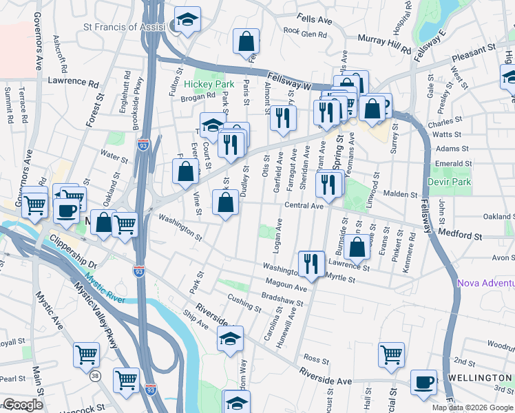 map of restaurants, bars, coffee shops, grocery stores, and more near 50 Otis Street in Medford