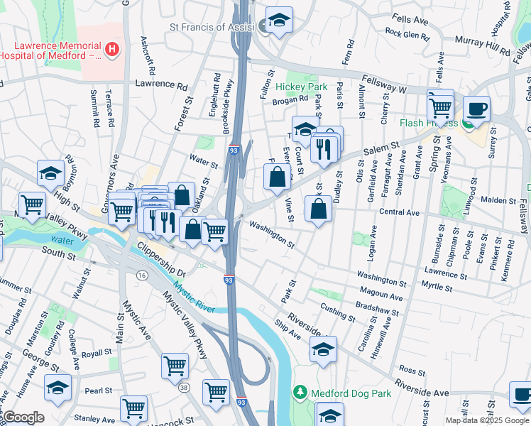 map of restaurants, bars, coffee shops, grocery stores, and more near 6r Franklin Street in Medford