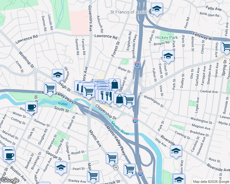 map of restaurants, bars, coffee shops, grocery stores, and more near 58 Salem Street in Medford