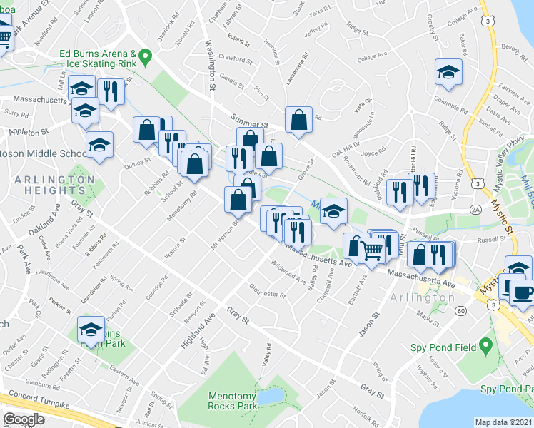 map of restaurants, bars, coffee shops, grocery stores, and more near 935 Massachusetts Avenue in Arlington
