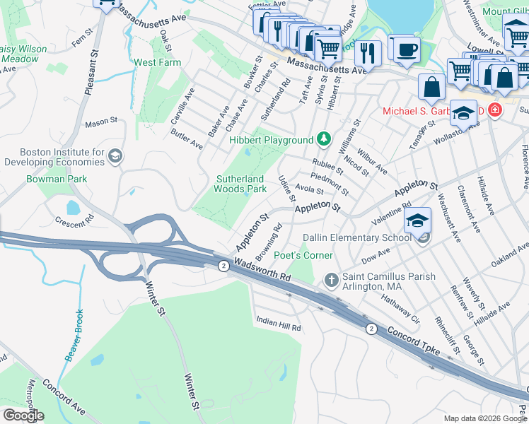 map of restaurants, bars, coffee shops, grocery stores, and more near 472 Appleton Street in Arlington