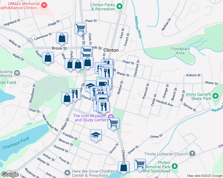 map of restaurants, bars, coffee shops, grocery stores, and more near 32 Pierce Place in Clinton